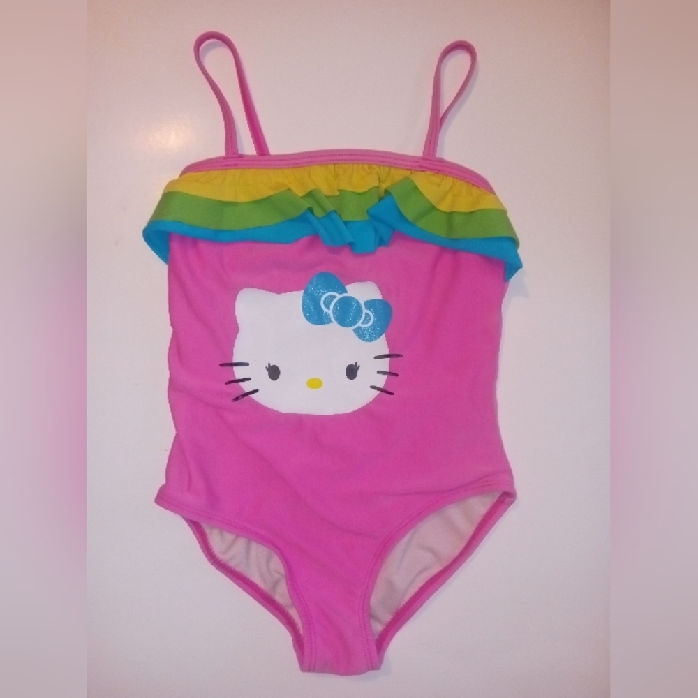 Hello Kitty Pink and White. XS.One Piece Bathing Suit Pink With Colorful Ruffles